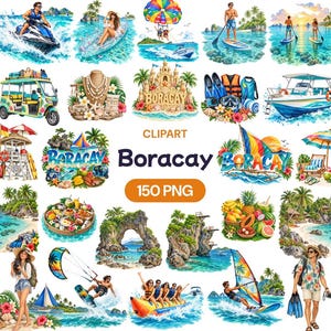 May include: A collection of watercolor-style digital illustrations featuring Boracay island themes, including jet skis, boats, tropical fruits, sandcastles, and water sports equipment, with the text Boracay and 150 PNG displayed centrally.