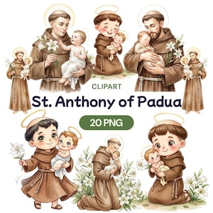 Puede incluir: Conjunto de imágenes prediseñadas digitales con ilustraciones de San Antonio de Padua con un bebé, rodeado de lirios. Las imágenes son de estilo caricatura, con halos y túnicas marrones. Se incluye el texto "St. Anthony of Padua" y "20 PNG".