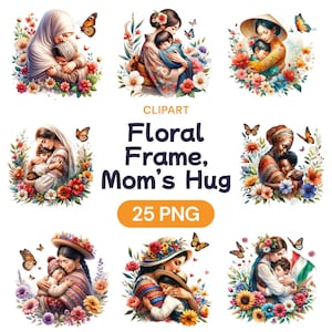 Clipart floral do abraço da mãe, aquarela PNG do dia das mães, pacote digital Mom Embrace, Cute Mommy Life, presente para ela, licença de uso comercial