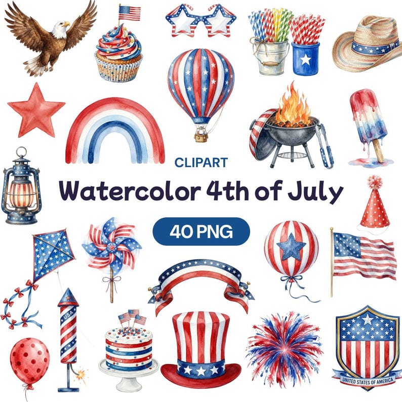 Watercolor 4th of July Clipart, Patriotic Summer PNG, Independence Day ...