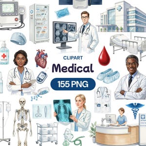 Puede incluir: Una colección de ilustraciones de imágenes prediseñadas con temática médica. La imagen incluye médicos, equipos médicos, un hospital y el texto "Medical 155 PNG". Las ilustraciones son de estilo acuarela.