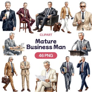 Puede incluir: Colección de ilustraciones en acuarela de un hombre de negocios maduro en varias poses. Las imágenes muestran al hombre con trajes, con un maletín, usando una computadora portátil y hablando en un podio. Se muestra el texto "Mature Business Man".