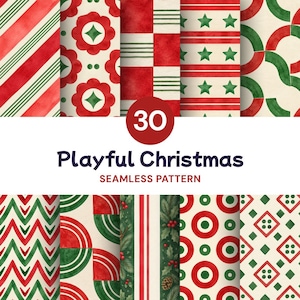 Puede incluir: Una colección de 30 patrones digitales sin costuras con diseños de acuarela rojos y verdes que incluyen rayas, estrellas, círculos, acebo y formas geométricas. El texto 30 Playful Christmas SEAMLESS PATTERN está centrado sobre un fondo blanco.