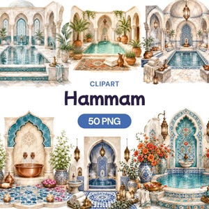 Hammam aquarelle clipart, images de bain turc, intérieur de spa marocain PNG