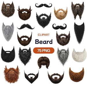 May include: A collection of digital clipart featuring various styles of beards and mustaches in different colors, textures, and lengths. The central text reads CLIPART Beard 75 PNG, showcasing a variety of facial hair designs for graphic use.