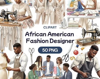 African American Fashion Designer Clipart, 50 PNG, Sewing Tailor Art, Seamstress Graphics, Boutique Brand, Mannequin Illustration Set