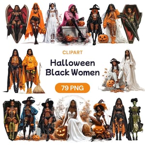 Halloween schwarze Frauen Clipart, Aquarell Afroamerikaner Transparent Cute Lady PNG, Ermächtigung Weibliche Vision Board, Lizenz für kommerzielle Nutzung