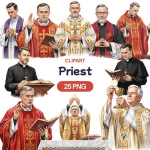 Könnte beinhalten: Digitale Illustration mit mehreren Bildern von Priestern in verschiedenen Gewändern. Die Priester sind mit Büchern, Kelchen und bei der Ausübung religiöser Rituale dargestellt. Das Wort "PRIEST" ist in Marineblau, mit "25 PNG" in einem roten Oval.