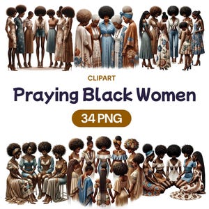 祈る黒人女性のクリップアート、水彩画のアフリカ系アメリカ人の宗教的な女の子のグループ PNG、女性のキリスト教の精神的な祈り、商用利用ライセンス