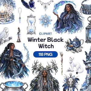 Ensemble d'images clipart de sorcière noire d'hiver, magie afro-américaine, sorcière de glace fantastique (118 PNG)