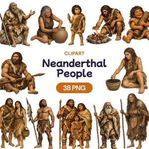 May include: A collection of digital illustrations featuring Neanderthal people in various poses, including individuals and groups wearing fur garments, holding spears, baskets, and tools, with the text CLIPART Neanderthal People 38 PNG.