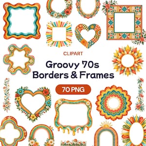 Puede incluir: Una colección de imágenes prediseñadas digitales que presenta varios bordes y marcos decorativos con patrones coloridos de inspiración retro. El conjunto incluye formas de corazón, circulares, cuadradas y onduladas con motivos florales.
