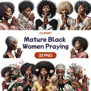Femmes noires d'âge mûr priant des cliparts, aquarelle fille religieuse afro-américaine PNG Prière spirituelle chrétienne féminine, licence d'utilisation commerciale
