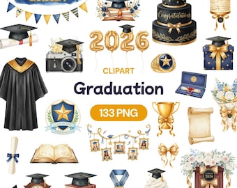 Graduation Clipart 2026, 133 Watercolor PNG, Class of 2026 2027, Cap Gown, Navy Gold Party, Diploma Number, College Senior, High School