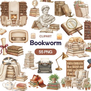 May include: A collection of watercolor clipart elements with a bookworm theme. The image includes stacks of books, a vintage radio, a typewriter, a bust, a magnifying glass, and a sleeping dog. The text "Bookworm" and "55 PNG" are also present.
