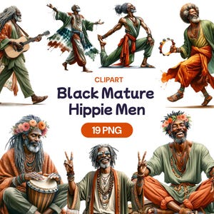 Schwarzer reifer Hippie-Männer Clipart, afroamerikanischer Spaß-Opa PNG, glücklicher tanzender Großvater, fröhlicher älterer männlicher Papa, Lizenz für kommerzielle Nutzung