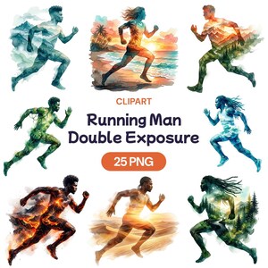 Springande man dubbelexponering Clipart, akvarell silhuett PNG, naturatletgrafik, landskapsjoggerkonst, manlig fitness