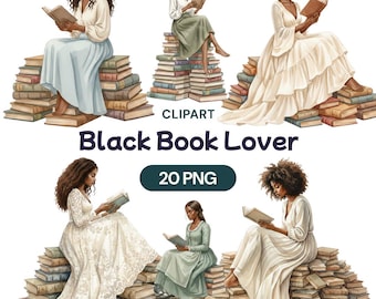 Amante de los libros, 20 imágenes prediseñadas de mujer afroamericana leyendo, sentada en una pila de libros, biblioteca de acuarela, regalo para maestros, arte de ratón de biblioteca