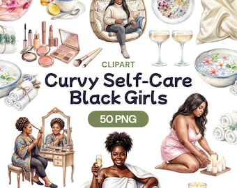 Curvy Black Girls Self Care Clipart, Plus Size Melanin PNG, Relaxing Spa Graphic, Wellness Routine Art, Cozy Me Time Decor