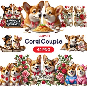 Uroczy Corgi Para Clipart, Kawaii Valentines Dog PNG Akwarela Ilustracja, Miłośnik Zwierząt, Przezroczysty Kardynał Pakiet, Licencja Użytkowania Komercyjnego