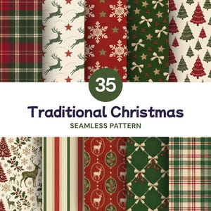 Op de afbeelding: Een collectie van 35 naadloze digitale patronen met traditionele kerstmotieven, waaronder rood-groene ruiten, springende rendieren, witte sneeuwvlokken, gouden sterren, crèmekleurige strikken en dennenbomen met de tekst 35 Traditional Christmas SEAMLESS PATTERN.