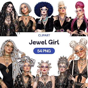 Jewel Fashion Girl Clipart Bundle, Glam Woman PNG, Bling Portrait Decor (54 PNG)