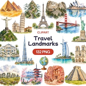May include: A collection of watercolour illustrations featuring global landmarks including the Pyramids, Eiffel Tower, Statue of Liberty, and Burj Khalifa. The text reads CLIPART Travel Landmarks 132 PNG, accompanied by a small globe graphic.