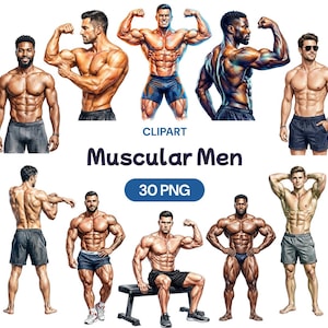 May include: A collection of digital illustrations featuring various muscular figures in athletic poses, wearing shorts, with the text CLIPART Muscular Men 30 PNG displayed in the center. The figures are shown from different angles and positions.