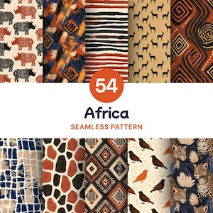 May include: A collection of 54 seamless digital patterns featuring African-inspired motifs including rhinoceroses, antelopes, leopards, birds, geometric diamonds, swirls, and horizontal stripes in a palette of orange, black, blue, and cream.