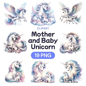 Clipart de unicórnio de mãe e bebê, pacote digital PNG de aquarela fofa para o dia das mães, conjunto de filha recém-nascida, presente para ela, licença de uso comercial