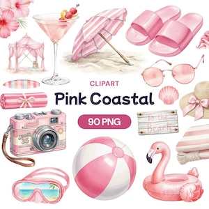 May include: Watercolor clipart set featuring pink coastal elements. Includes a beach umbrella, sunglasses, a camera, beach ball, flamingo float, and a sign that says "To the Beach". The text "Pink Coastal" and "90 PNG" are also visible.