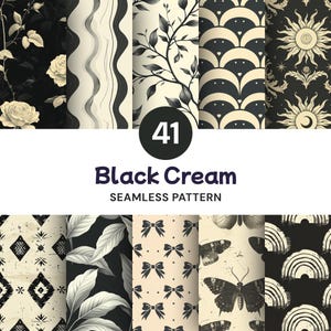 May include: A collection of 41 seamless patterns in black and cream featuring various designs including roses, wavy lines, leaves, geometric shapes, bows, butterflies, and suns. The text 41 Black Cream SEAMLESS PATTERN is centered.