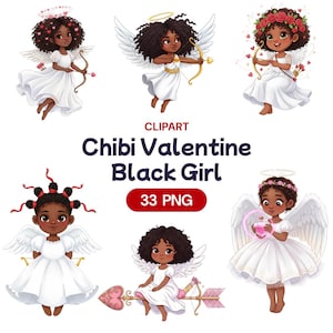May include: A collection of six illustrations of Black girl chibi characters dressed as cupids. Each figure has wings, a halo, and a bow and arrow or a potion. The text "Chibi Valentine Black Girl" is displayed.