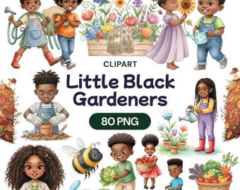 Little Black Gardeners Clipart, Watercolor Spring Farm Kids, 80 PNG (Digital Download)
