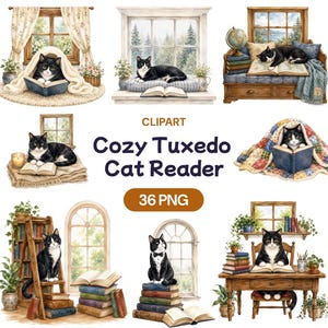 Könnte beinhalten: Eine Sammlung von Aquarellillustrationen mit Tuxedo-Katzen in verschiedenen Umgebungen, beim Lesen von Büchern, auf Fensterbänken sitzend und auf Möbeln ruhend. Der Text lautet CLIPART Cozy Tuxedo Cat Reader 36 PNG.