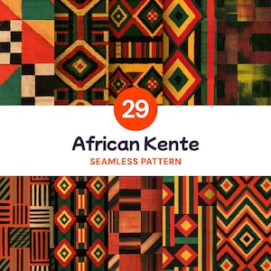 May include: A collection of 29 seamless African Kente patterns featuring geometric designs in red, yellow, green, and black. The digital display shows various textile motifs including diamonds, stripes, and checkered squares in a grid layout.