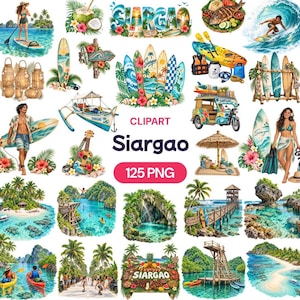 Op de afbeelding: Een digitale collectie Siargao-clipart met tropische eilandscènes, surfplanken, palmbomen, oceaangolven, outriggerboten en strandactiviteiten. De set bevat 125 PNG-bestanden met levendige illustraties van het eilandleven en de surfcultuur.