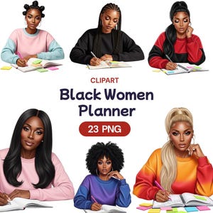 Clipart PNG de femmes noires planner, jolie fille autonomisée afro-américaine aquarelle aquarelle PNG, patron motivé, licence d'utilisation commerciale de dame de l'amour de soi
