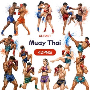 Muay Thai Fighters Clipart, Watercolor Combat Sports PNG Bundle (42 Files)