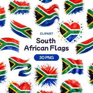 Peut inclure: Une collection numérique de graphiques du drapeau sud-africain présentant divers styles artistiques, notamment des éclaboussures d'aquarelle, des formes de cœur et des motifs ondulants. Le texte indique CLIPART South African Flags 30 PNG, en rouge, blanc, vert, jaune, noir et bleu.