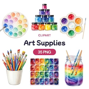 May include: Watercolor art supplies illustration. Includes paint palettes, jars of paint, paintbrushes, and watercolor paint sets. The text "Art Supplies" and "35 PNG" are also included in the image.