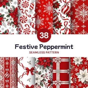May include: A collection of 38 seamless digital patterns featuring festive holiday themes including red and white peppermint candies, poinsettia flowers, silver snowflakes, striped ornaments, ribbons, and bows on red and white backgrounds.