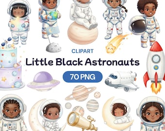 Little Black Astronauts Clipart, 70 Space Travel PNG, African American Kids, Astronaut Graphics, Outer Space Rocket Moon Illustration Art