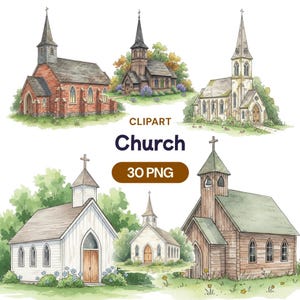 May include: Watercolor clipart featuring six different church buildings. The churches are depicted in various architectural styles, with details like steeples, arched windows, and crosses. The image includes the text "CLPART Church 30 PNG".