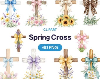 Spring Cross Clipart, 60 Watercolor PNG, Easter Floral Wooden Cross, Pastel Bow, Leopard Print, Christian Religious Art, Baptism Invitation