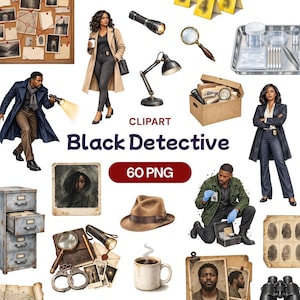 Könnte beinhalten: Eine Sammlung digitaler Clipart mit schwarzen Detektiven, darunter Figuren in Trenchcoats, ein Metall-Aktenschrank, eine Lupe, eine Taschenlampe, Beweismitteltüten, ein Fedora, Handschellen, eine Kaffeetasse und Utensilien zur Tatortuntersuchung.