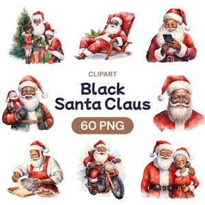 Clipart de Papai Noel Preto, Bonito Pacote PNG Transparente de Pai Natal Afro-Americano em Aquarela, Conjunto de Rosto de Natal, Licença de Uso Comercial