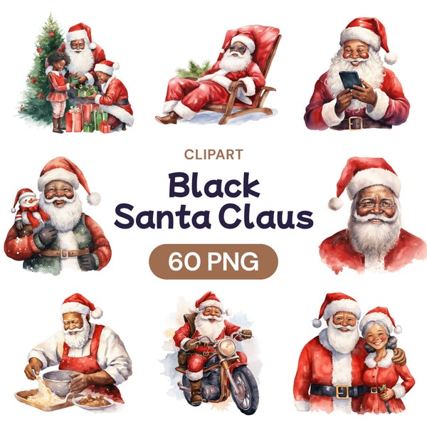 Black Santa Claus Clipart, Cute Watercolor African American Father Christmas Transparent PNG Bundle, Xmas Face Set, Commercial Use License