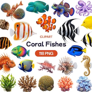 May include: A collection of colorful coral reef fish illustrations, including clownfish, angelfish, and seahorses. The image also features coral and the text "Coral Fishes" and "118 PNG".