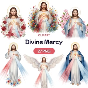 May include: A collection of digital clipart images featuring a religious figure with a halo, radiating light and wearing white robes. The images include floral arrangements and the text "Divine Mercy" and "27 PNG".